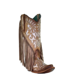 Corral Boots Corral Ladies Saddle Brown Lamb Inlay Embroidery & Fringe Boots C3766